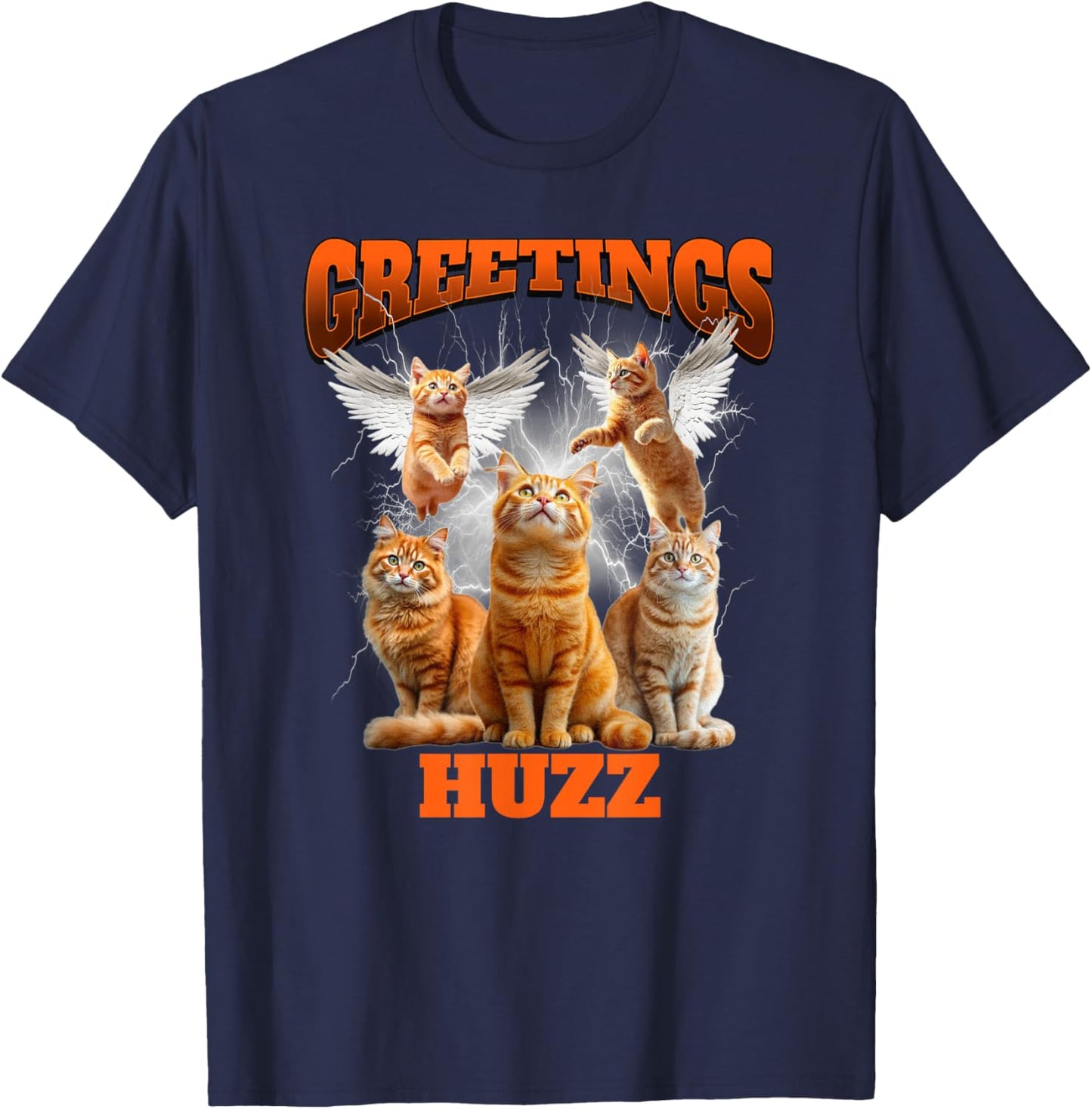 Greetings Huzz Bootleg Cat Meme Graphic Retro Y2K Aesthetic T-Shirt - T-Shirt | Navy