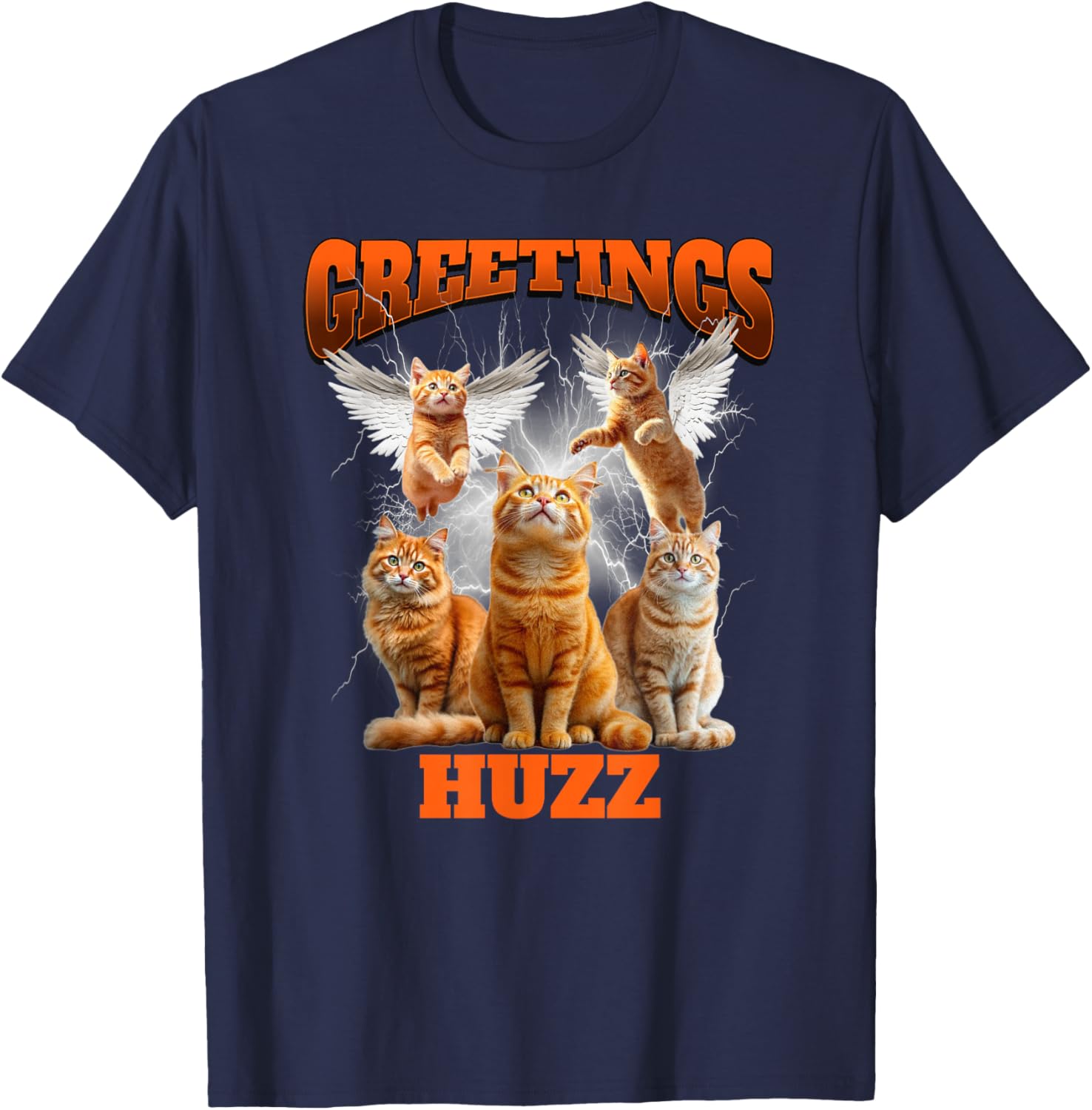 Greetings Huzz Bootleg Cat Meme Graphic Retro Y2K Aesthetic T-Shirt - T-Shirt | Navy