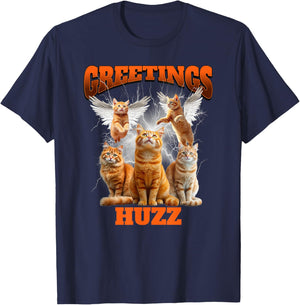 Greetings Huzz Bootleg Cat Meme Graphic Retro Y2K Aesthetic T-Shirt - T-Shirt | Navy