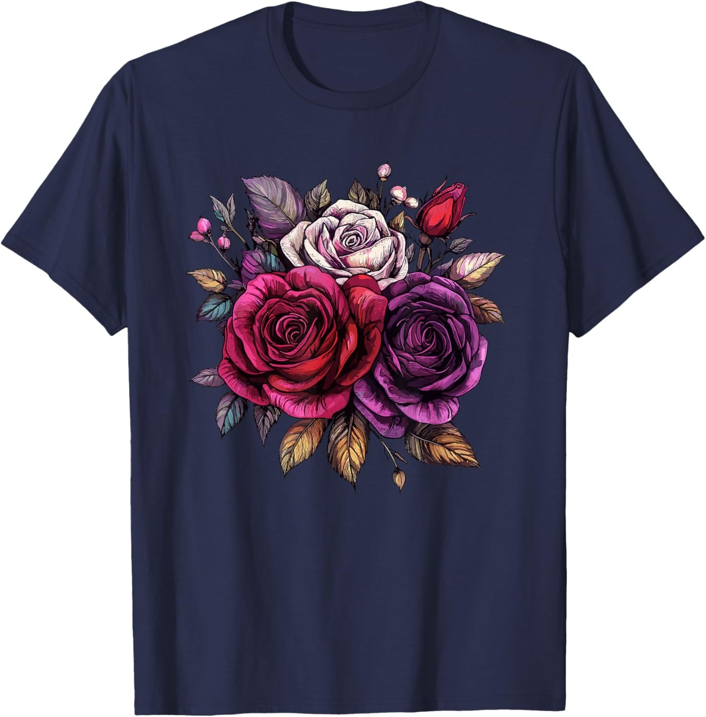 Red Purple White Rose Bouquet Vintage Floral Arrangement T-Shirt - T-Shirt | Navy