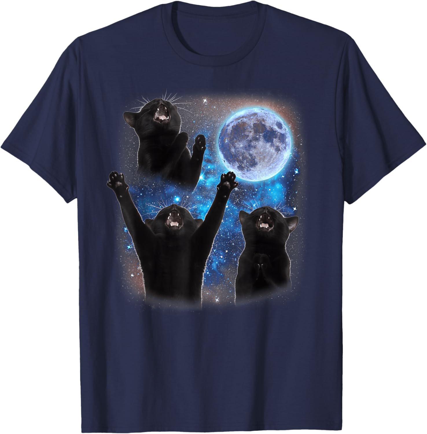 Three Cats Howling at The Moon Weird Meme Tuxedo Cat T-Shirt - T-Shirt | Navy