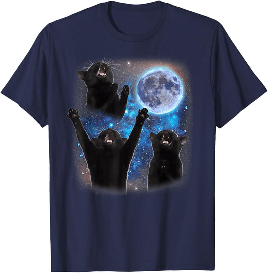 Three Cats Howling at The Moon Weird Meme Tuxedo Cat T-Shirt - T-Shirt | Navy
