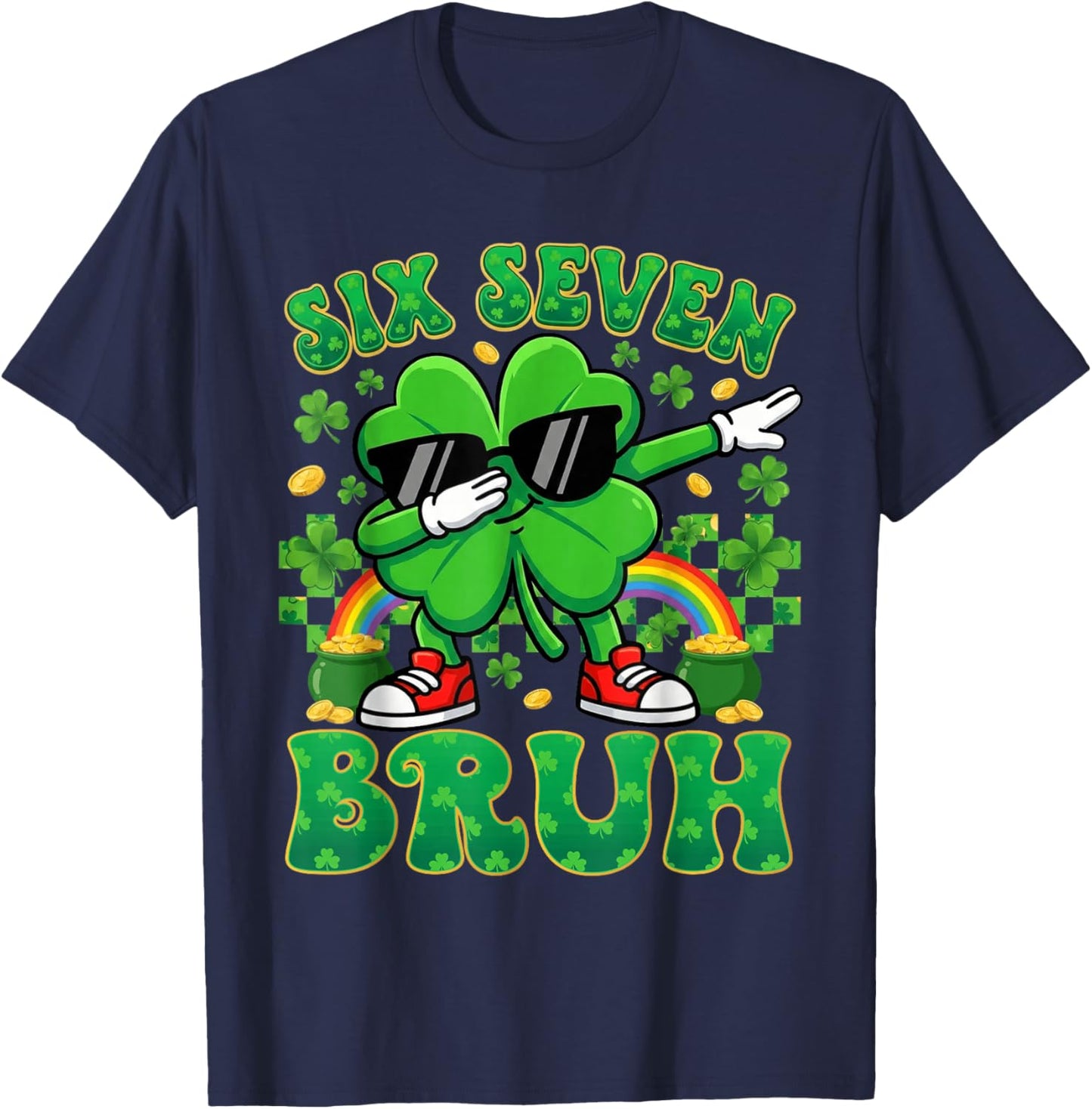 67 St Patricks Day Boys Kids Dabbing Shamrock Six Seven Bruh T-Shirt - T-Shirt | Navy