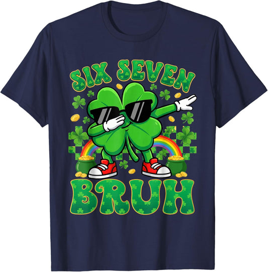 67 St Patricks Day Boys Kids Dabbing Shamrock Six Seven Bruh T-Shirt - T-Shirt | Navy