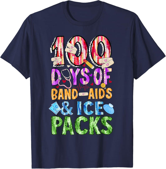 School Nurse 100 Days Band Aids Ice Packs 100 Days of School T-Shirt - T-Shirt | Navy
