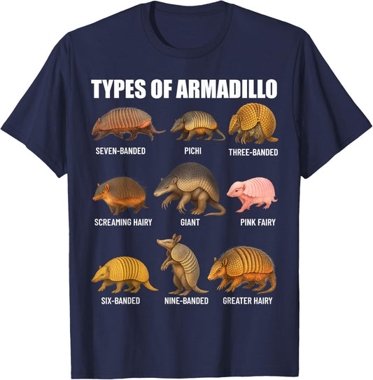 Types of Armadillo Educational Wildlife Species Ecology T-Shirt - T-Shirt | Navy