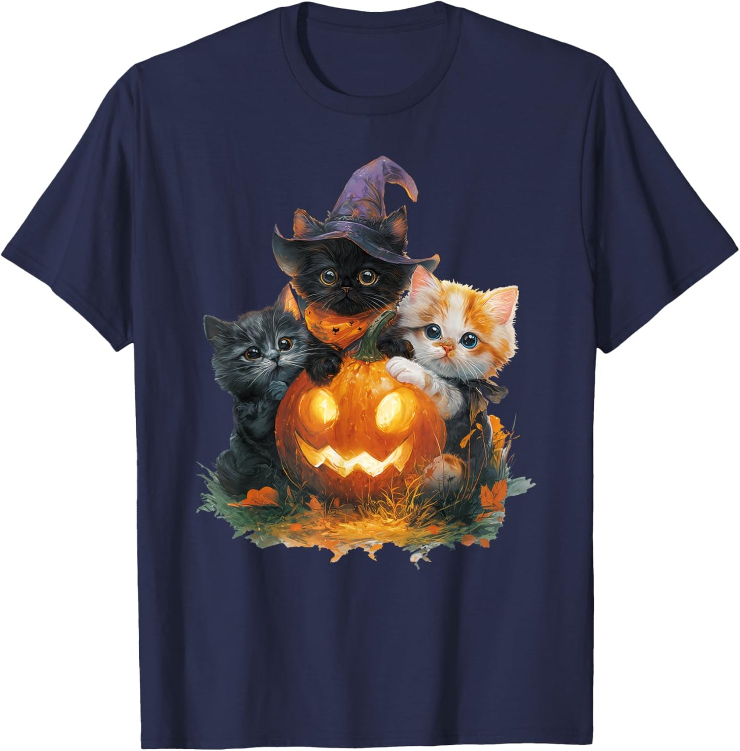 Vintage Kittens Pumpkin Cute Cat Spooky Season Halloween T-Shirt - T-Shirt | Navy