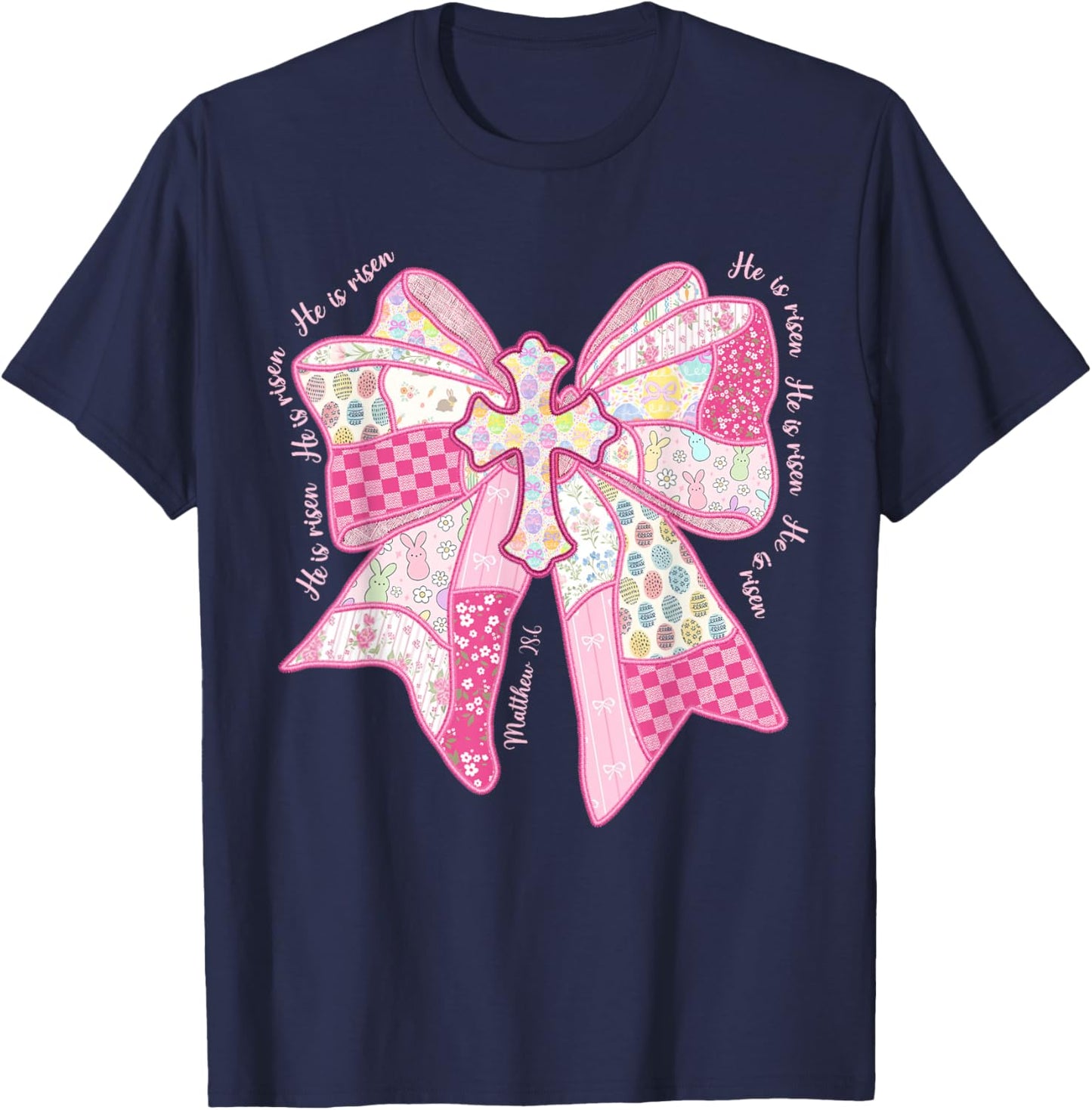 He is Risen Christian Cross Jesus Coquette Bow Bunny Easter T-Shirt - T-Shirt | Navy
