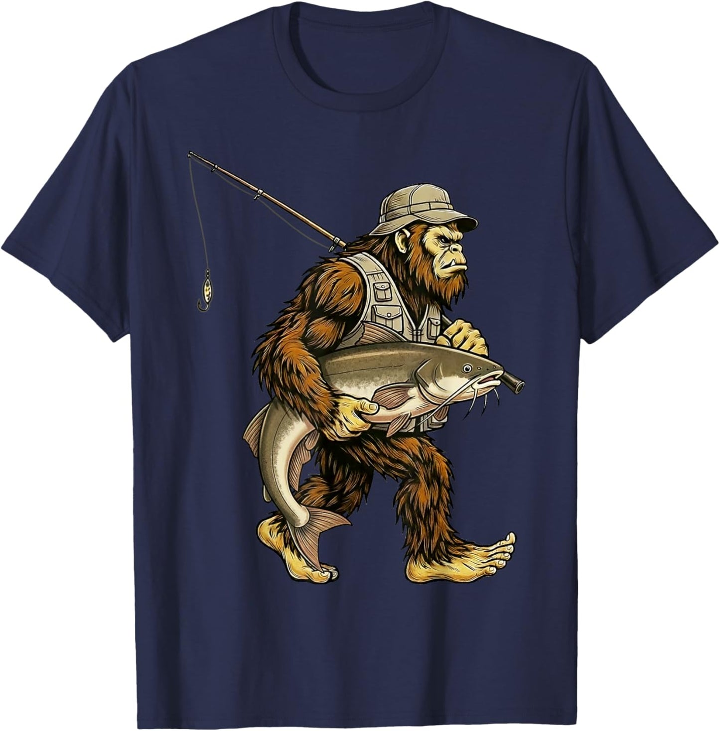 Catfish Bigfoot Fisherman River Fishing Sasquatch T-Shirt - T-Shirt | Navy