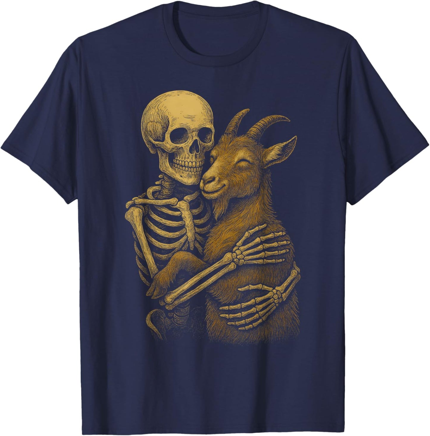 Skeleton Hugging Goat Funny Halloween Farm Animal T-Shirt - T-Shirt | Navy
