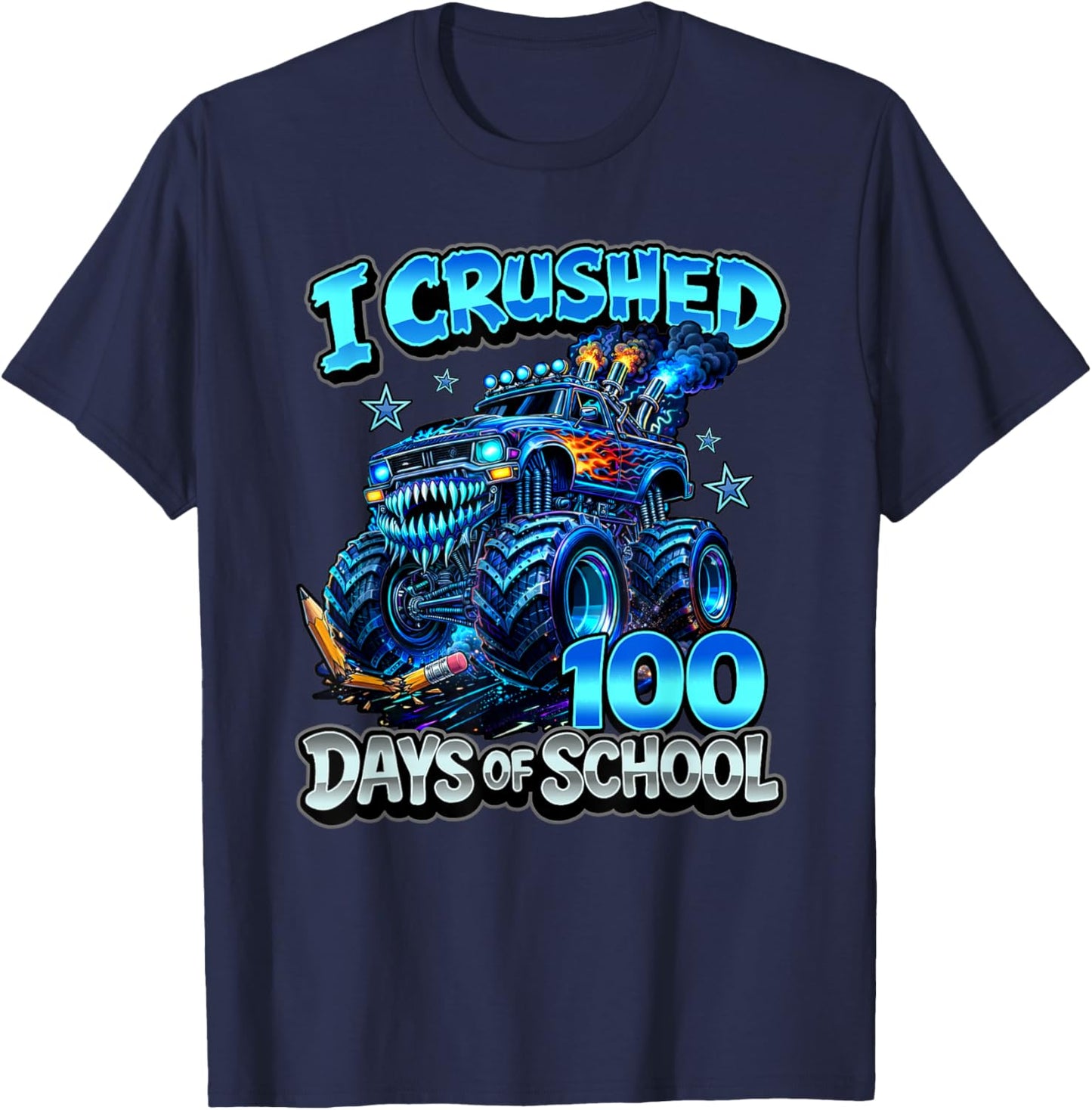 I Crushed 100 Days of School Blue Monster Truck Boys T-Shirt - T-Shirt | Navy
