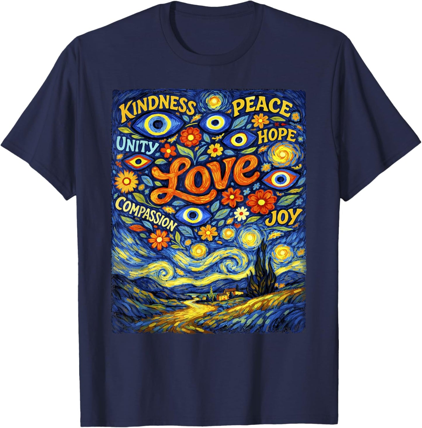 Peace Kindness Love Shirt Hope Evil Eye Van Gogh Graphic T-Shirt - T-Shirt | Navy