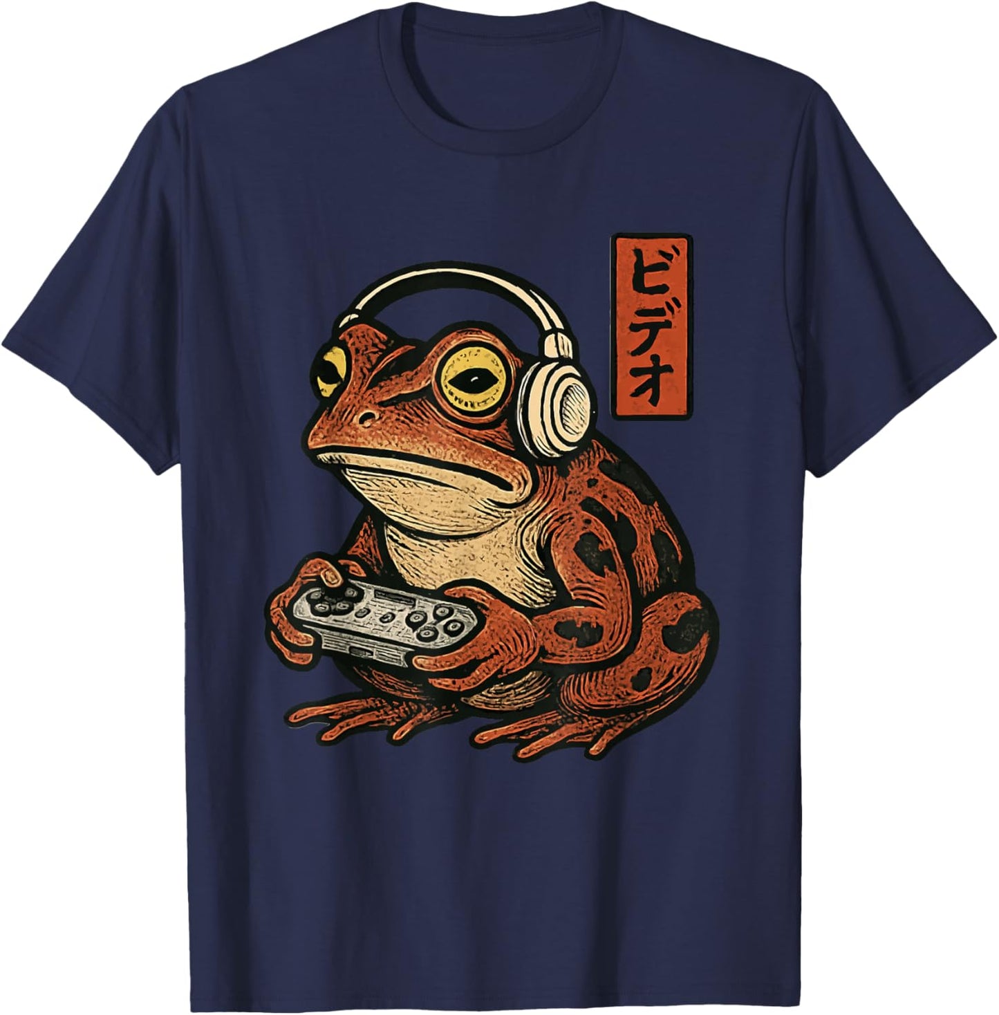Japanese Gamer Frog Art Men Women Boys Funny Vintage Gaming T-Shirt - T-Shirt | Navy