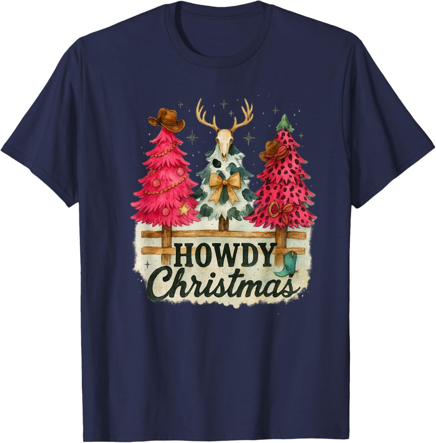 Howdy Christmas Western Trees Cowprint Leopard Cowboy T-Shirt - T-Shirt | Navy