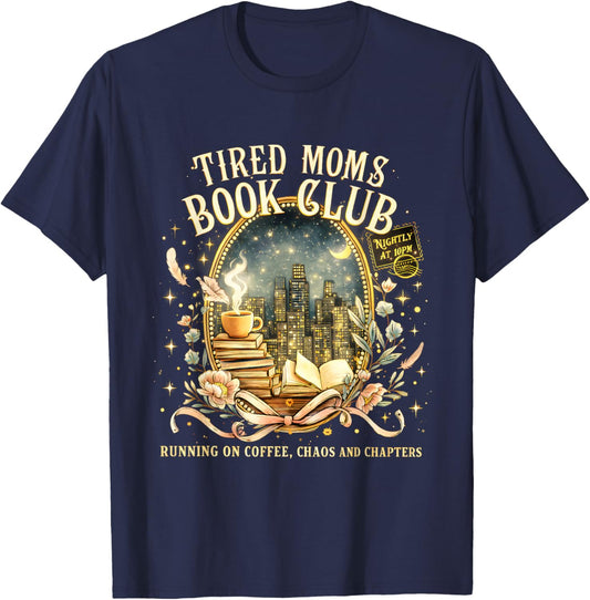 Tired Moms Book Club Cozy Night Coffee Reading Cat T-Shirt - T-Shirt | Navy