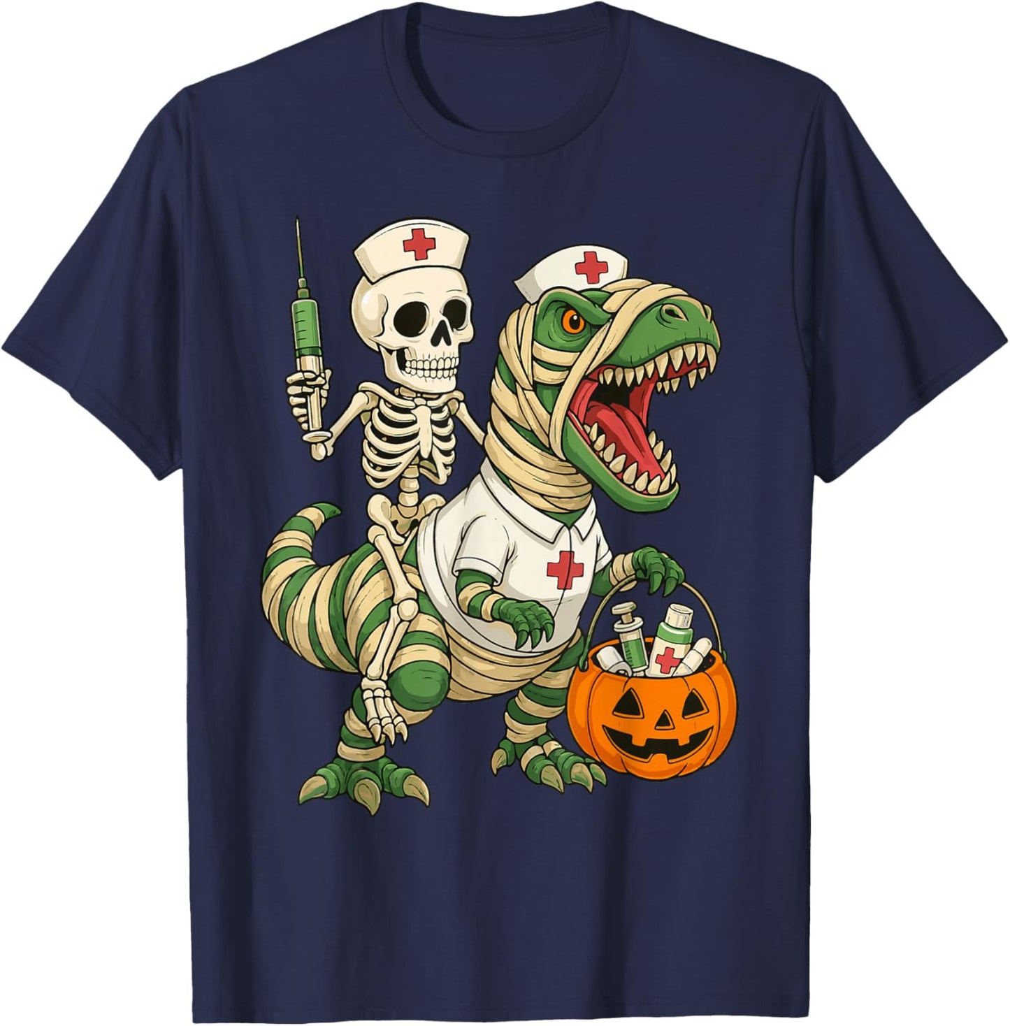 Nurse Skeleton Riding Mummy Dinosaur T rex Halloween Nurse T-Shirt - T-Shirt | Navy