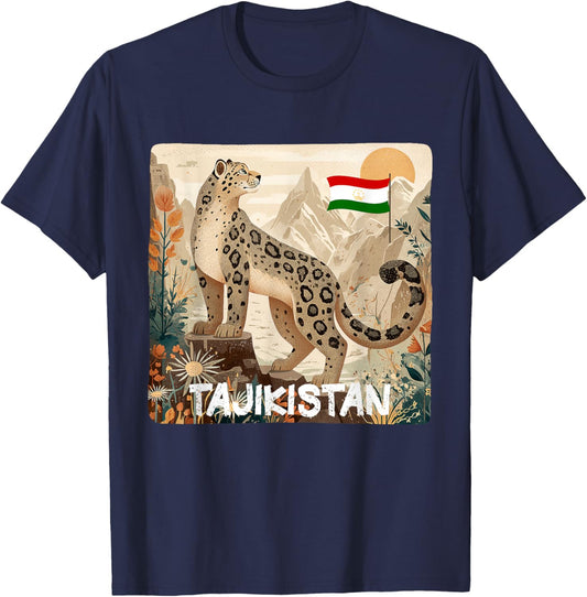 Beautiful Tajikistan Mountains View with Leopard Costume T-Shirt - T-Shirt | Navy
