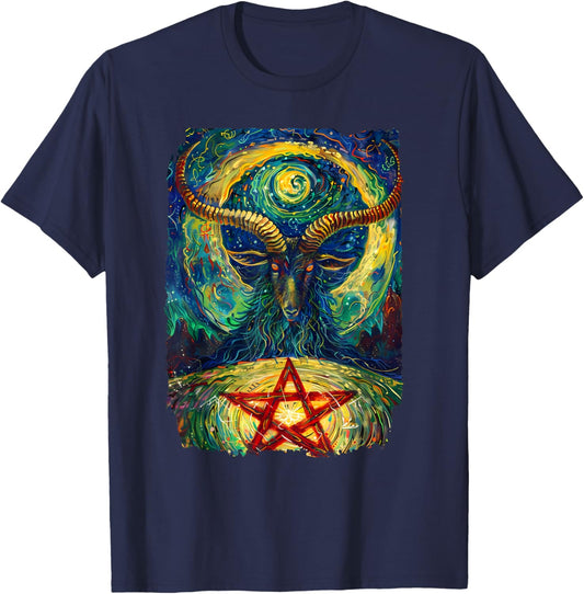 Occult Baphomet Starry Nights Goat Pentagram T-Shirt - T-Shirt | Navy