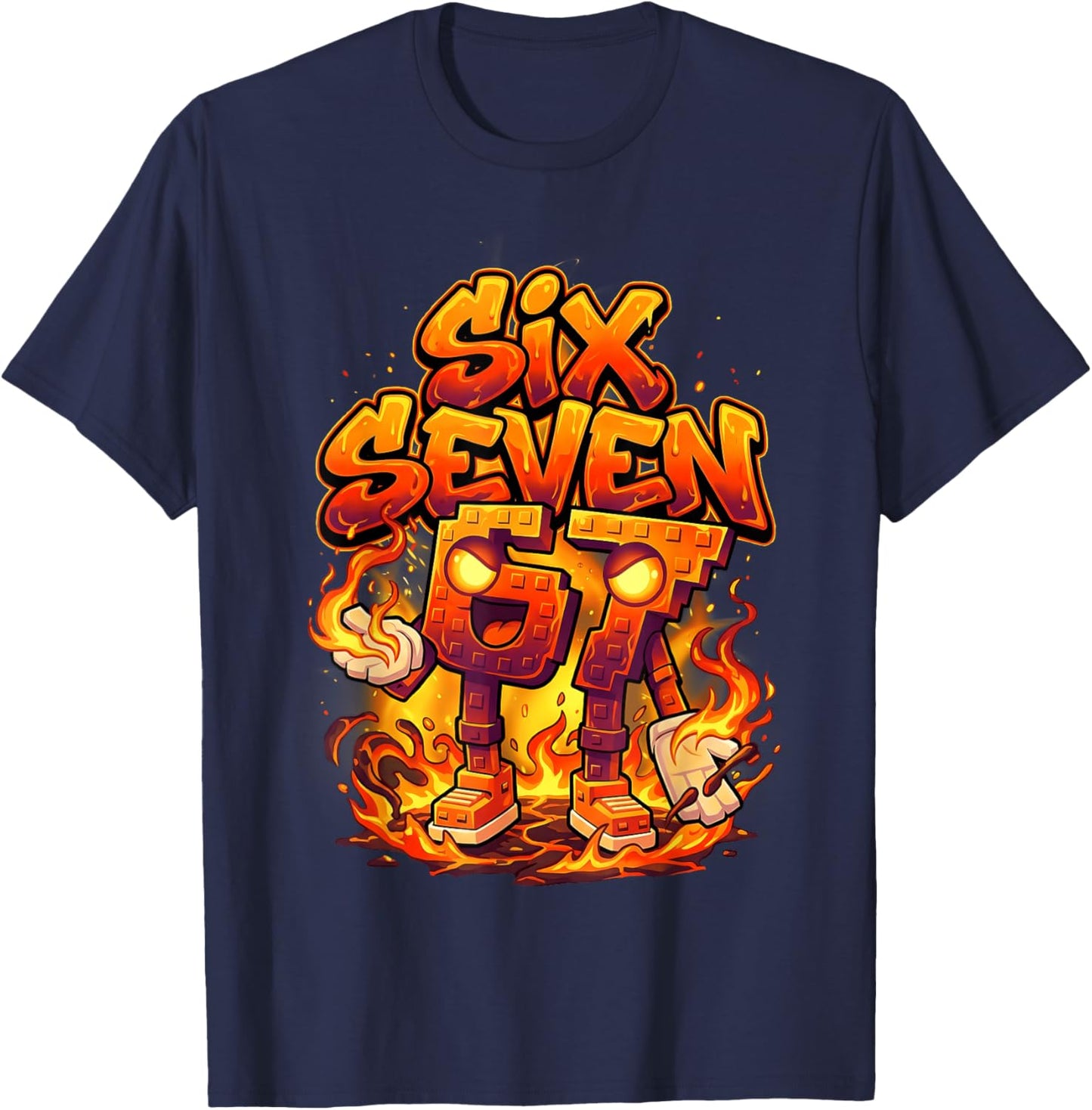 Six Seven 67 Fire Flames 6 7 Brainrot Meme Boy Kid Youth 6-7 T-Shirt - T-Shirt | Navy