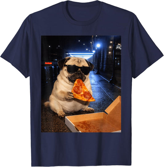 Funny Pug Meme Pug Dog with Sunglasses Eat Pizza On Street T-Shirt - T-Shirt | Navy