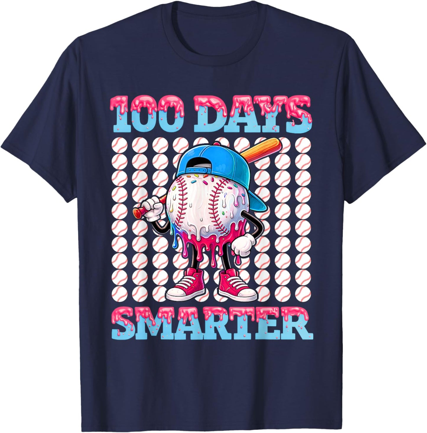 100 Days Smarter Baseball Drip Boys 100 Days of School Kids T-Shirt - T-Shirt | Navy