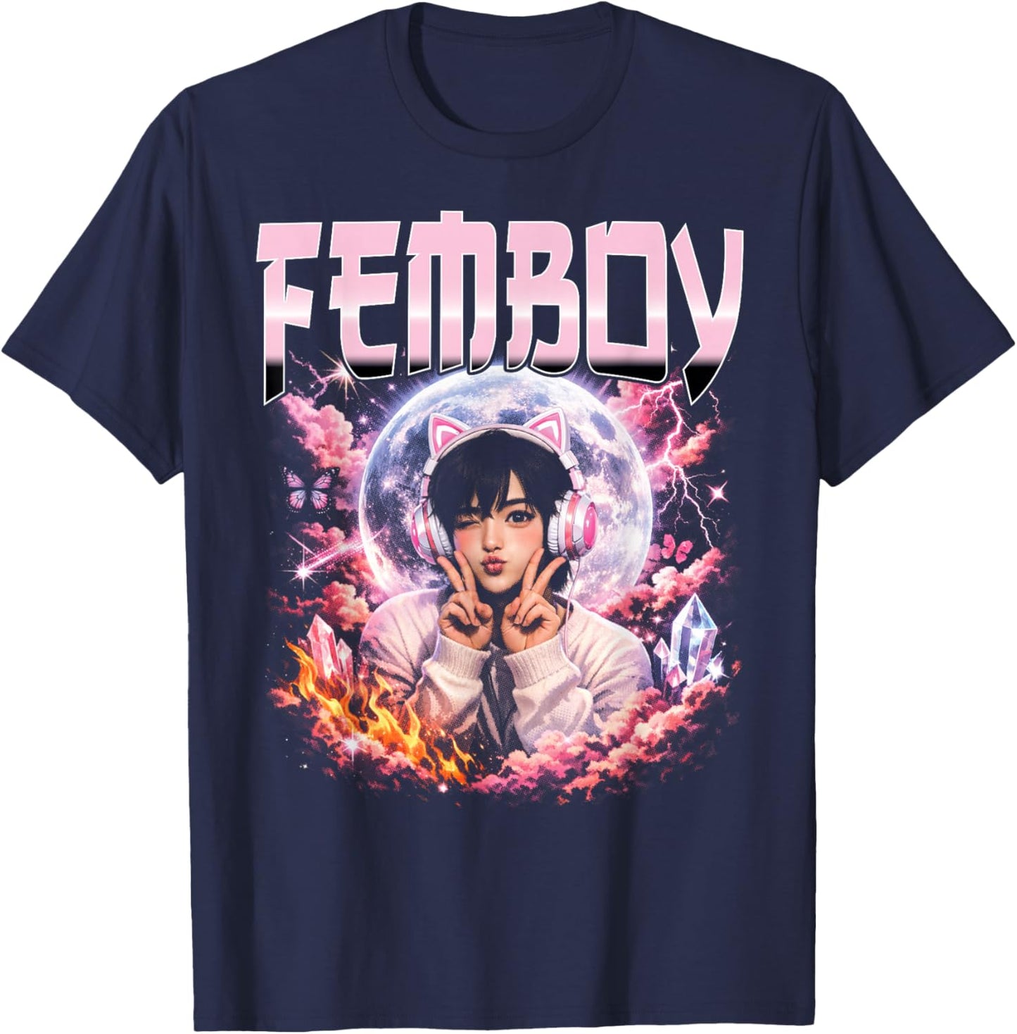 Femboy Anime Aesthetic Moon Cat Ear Headphones T-Shirt - T-Shirt | Navy