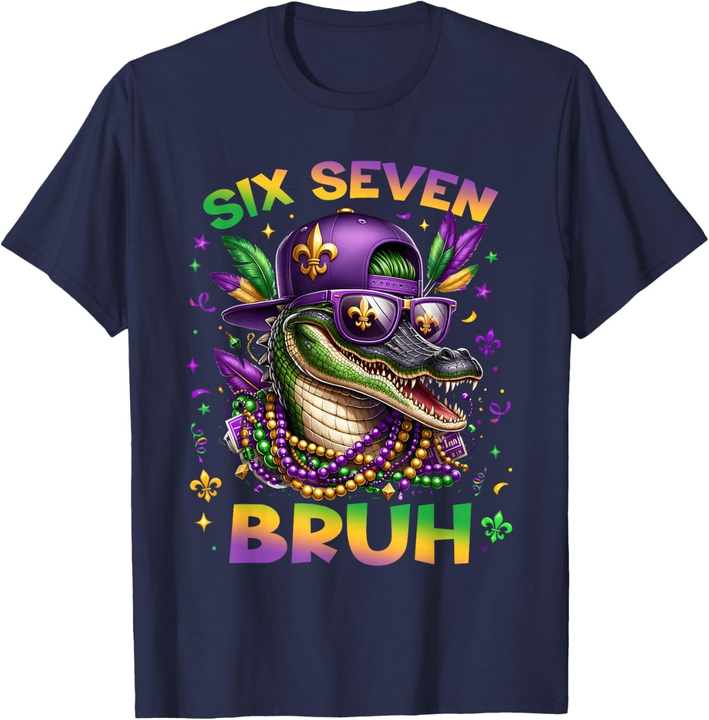 Mardi Gras Six Seven Bruh Mardigator Alligator 6 7 Meme Boys T-Shirt - T-Shirt | Navy