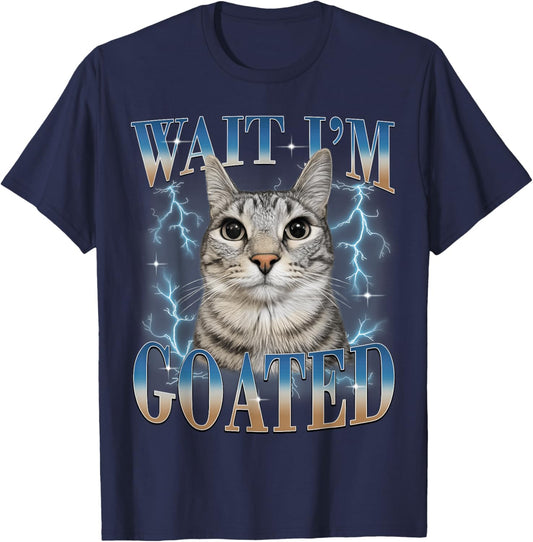 Wait I'm Goated Cat Funny Cat Meme Men Women Kids Graphic T-Shirt - T-Shirt | Navy