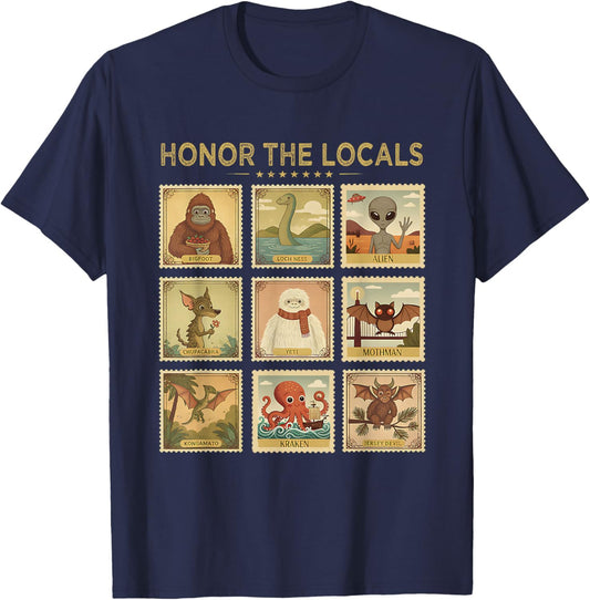 Retro Honor The Locals Bigfoot Big Foot Women Men Cryptid T-Shirt - T-Shirt | Navy