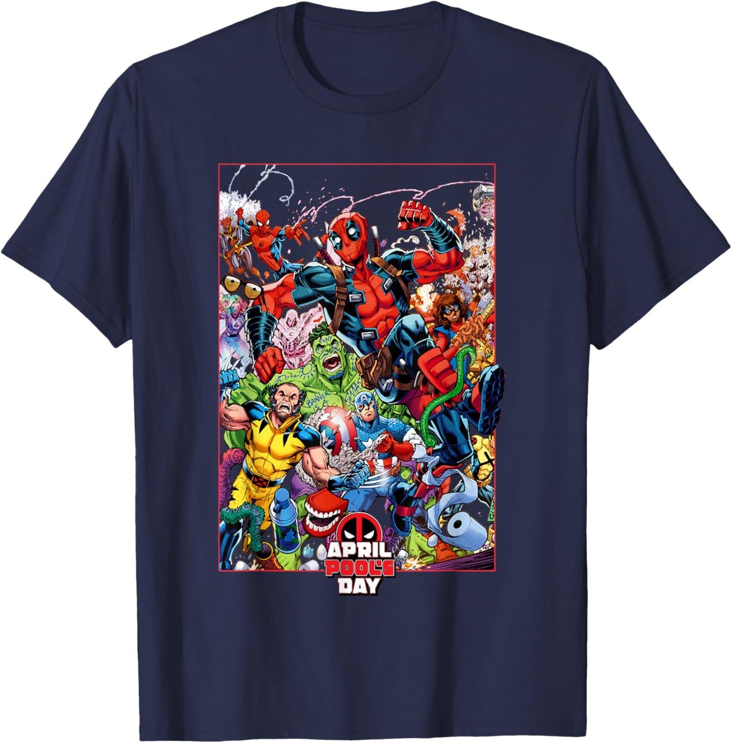 Marvel Comics Deadpool April Pool’s Day Hero Group Poster T-Shirt - T-Shirt | Navy