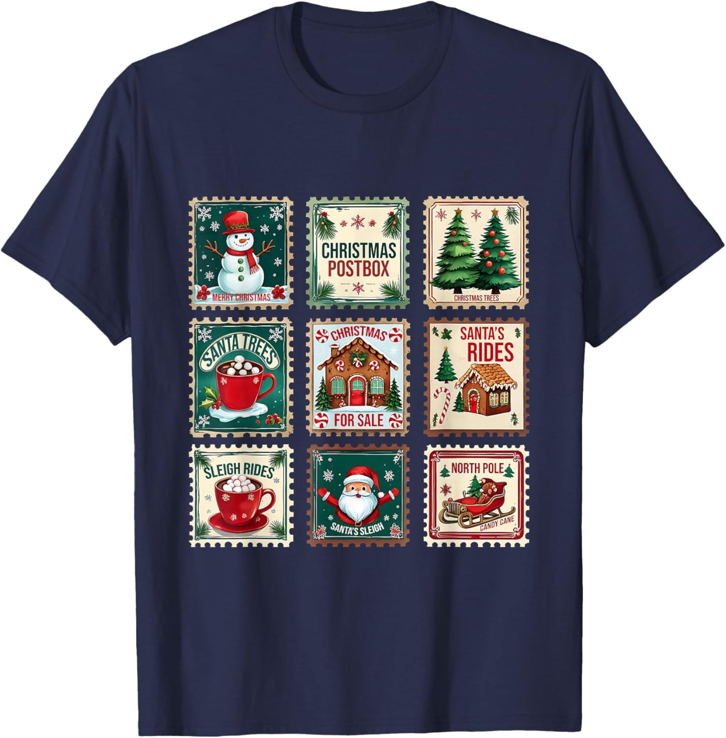 Vintage Christmas Postage Stamp Holiday Design T-Shirt - T-Shirt | Navy