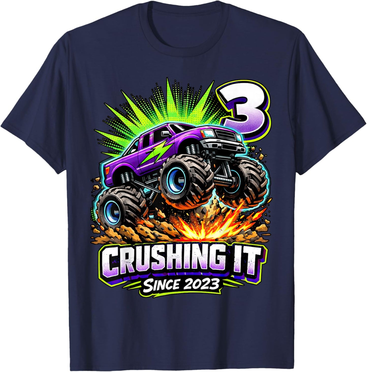 Birthday Monster Truck 3 Year Old Boys 3rd Party Born 2023 T-Shirt - T-Shirt | Navy