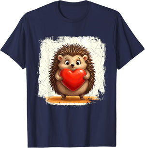 Hedgehog Chubby Holding a Heart Valentines Day T-Shirt - T-Shirt | Navy
