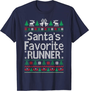 Santa Favorite Runner Running Christmas Sweater Ugly Xmas T-Shirt - T-Shirt | Navy