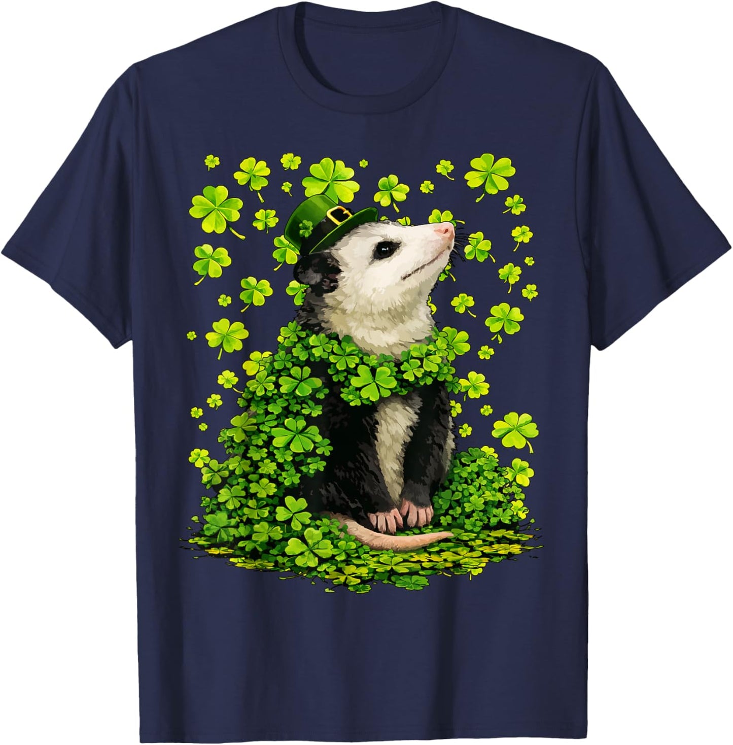 Lucky Opossum with Shamrocks Clovers St Patricks Day Possum T-Shirt - T-Shirt | Navy