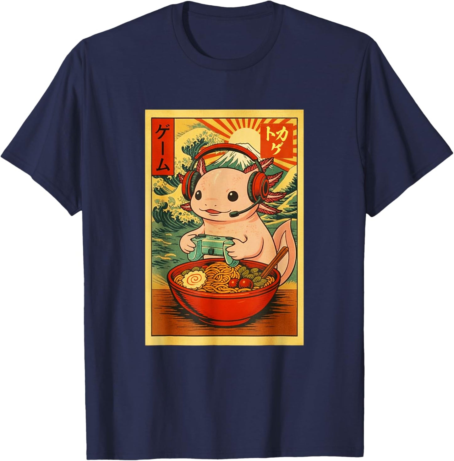 Axolotl Salamander Gaming Ramen Ukiyo-e Great Wave Retro Art T-Shirt - T-Shirt | Navy