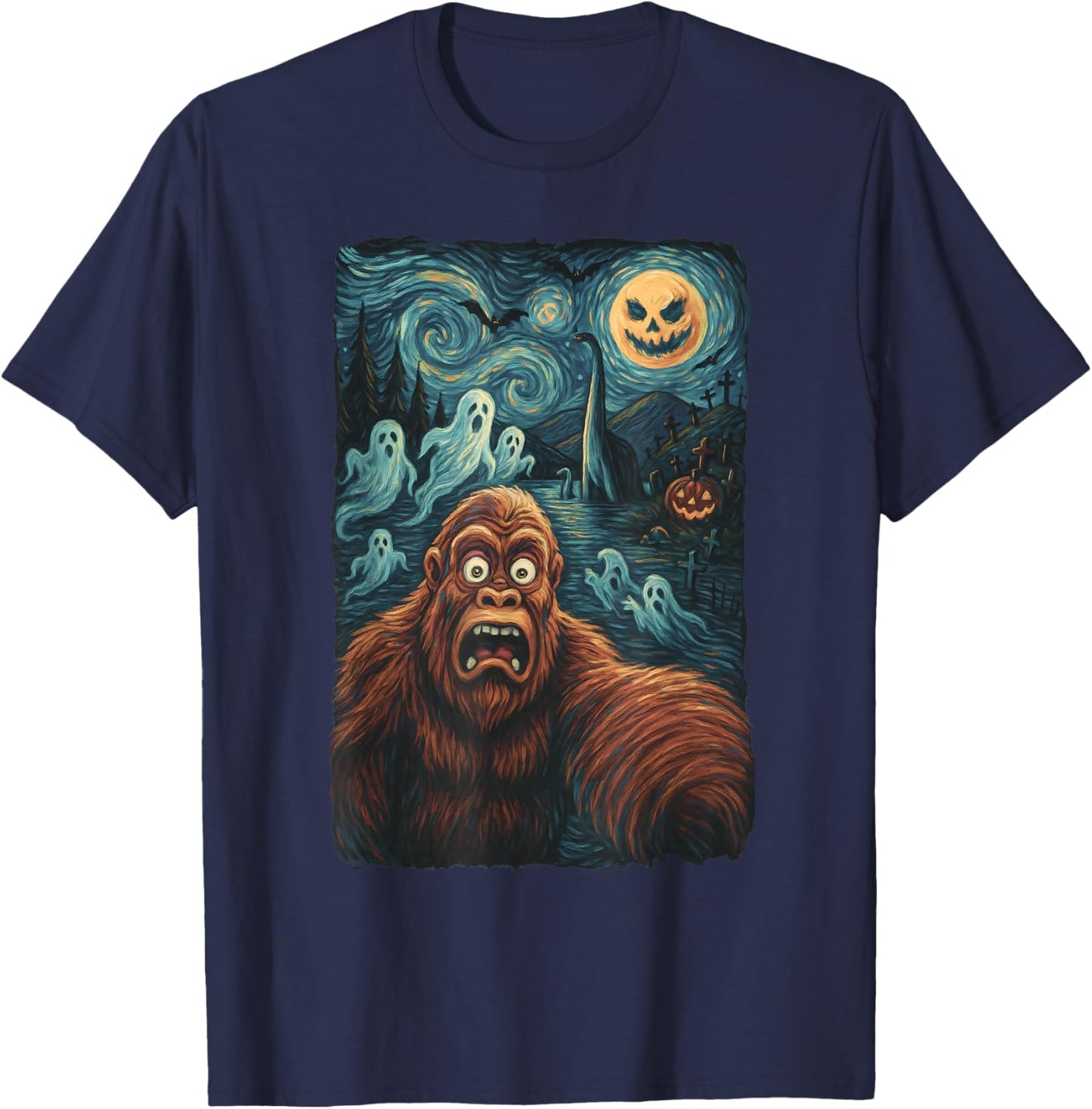 Bigfoot Selfie Shirt Starry Night Halloween Ghosts T-Shirt - T-Shirt | Navy