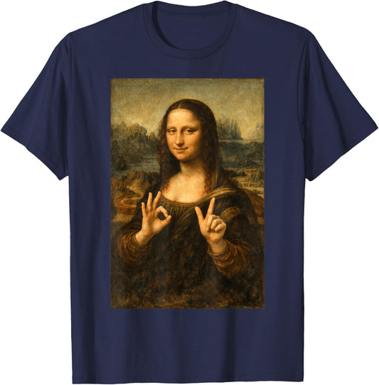 Funny Mona Lisa OK Peace Sign Art Parody Masterpiece T-Shirt - T-Shirt | Navy