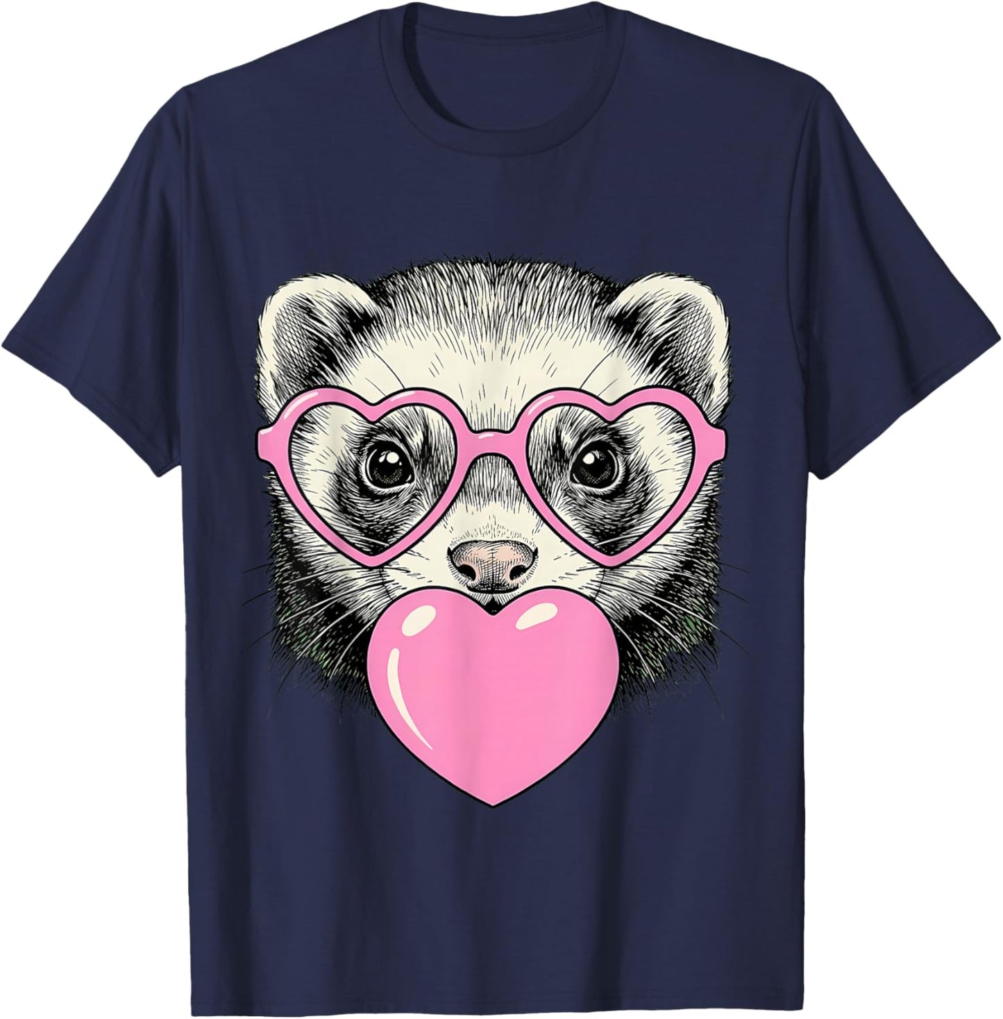 Cute Ferret Blowing Pink Valentine Heart Bubble Gum T-Shirt - T-Shirt | Navy