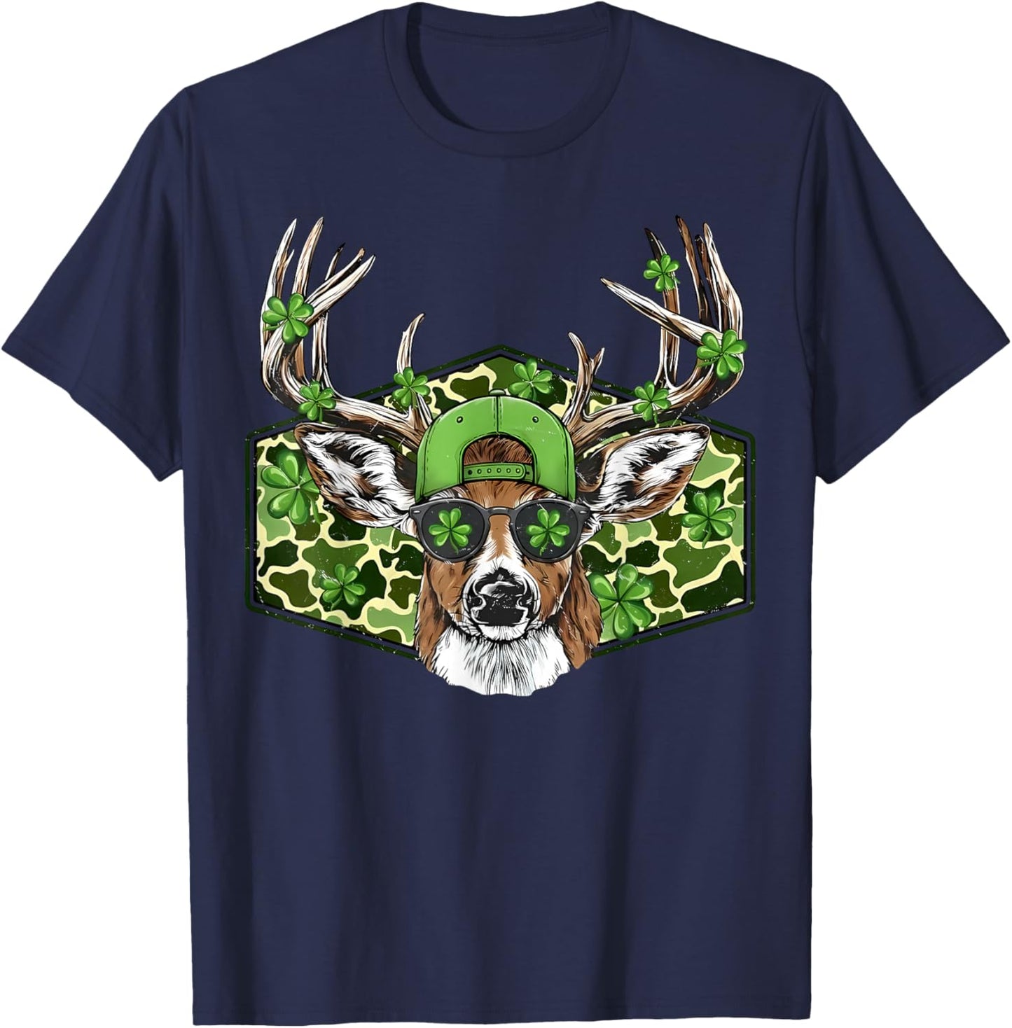 Retro St Patricks Day Buck Camo Deer Hunting Lucky Shamrock T-Shirt - T-Shirt | Navy
