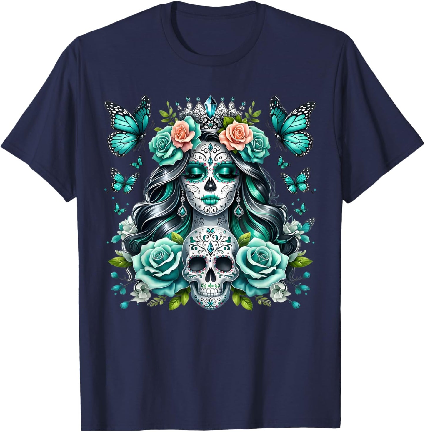 De Los Muertos La Catrina Day of The Dead Floral Sugar Skull T-Shirt - T-Shirt | Navy