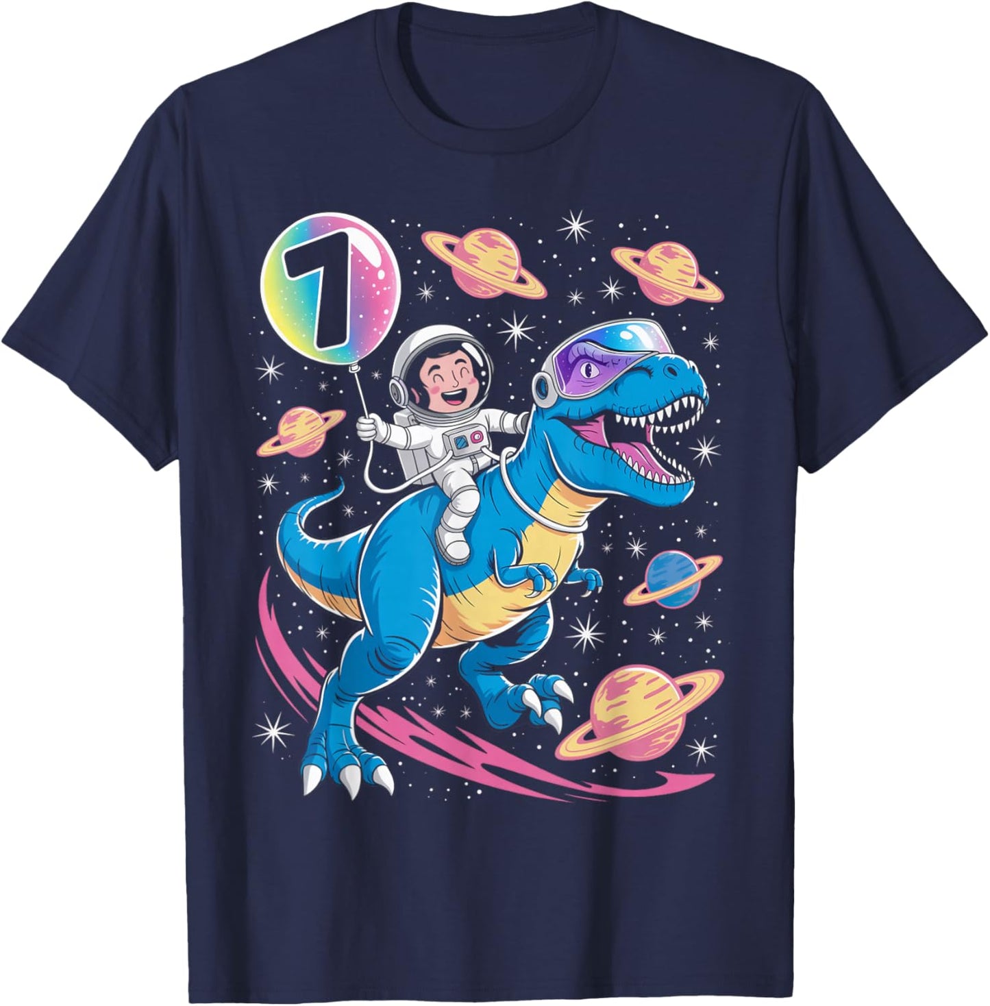 Astronaut Trex Dinosaur 7 Years Old Space Kids 7th Birthday T-Shirt - T-Shirt | Navy