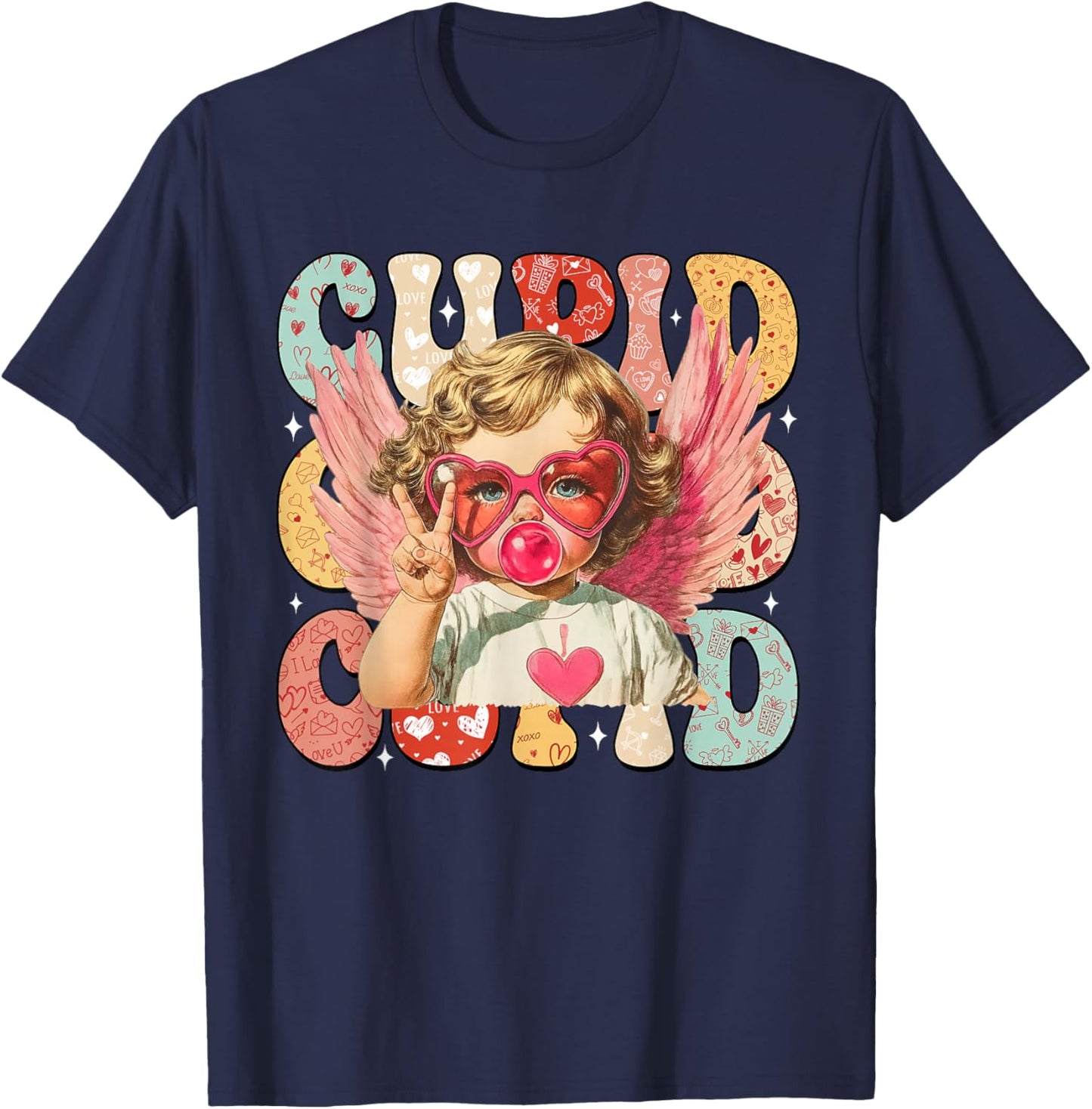 Vintage Cupid Blowing Bubble Gum Heart Sunglasses Valentines T-Shirt - T-Shirt | Navy