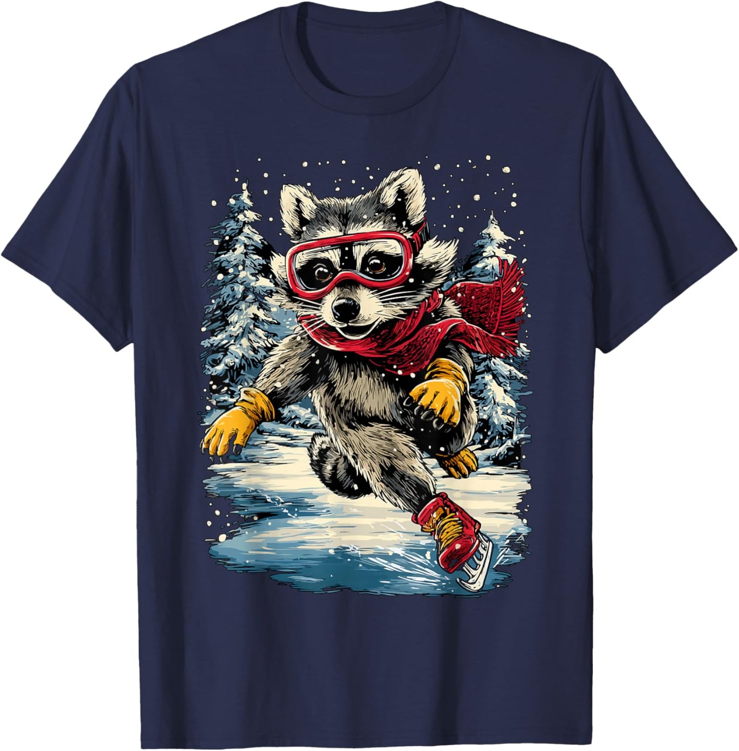 Joyful Raccoon Ice Skating Christmas Winter Season Animal T-Shirt - T-Shirt | Navy