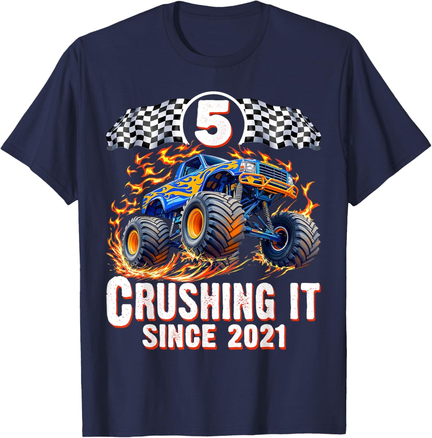 Birthday Monster Truck 5 Year Old Boys 5th Party Born 2021 T-Shirt - T-Shirt | Navy