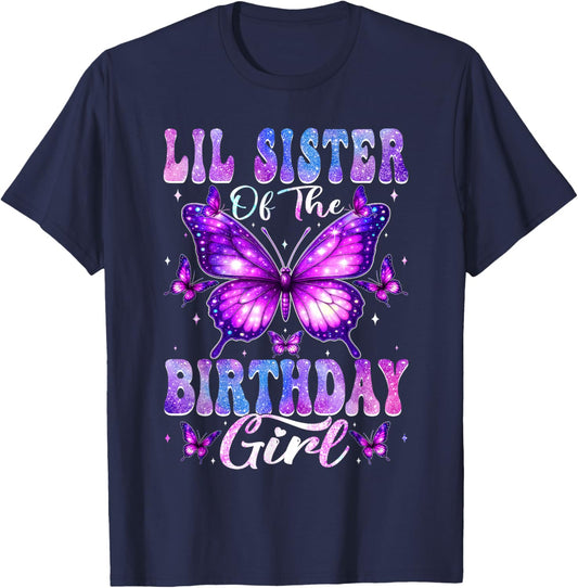 Lil Sister of The Birthday Girl Butterfly Party Matching T-Shirt - T-Shirt | Navy