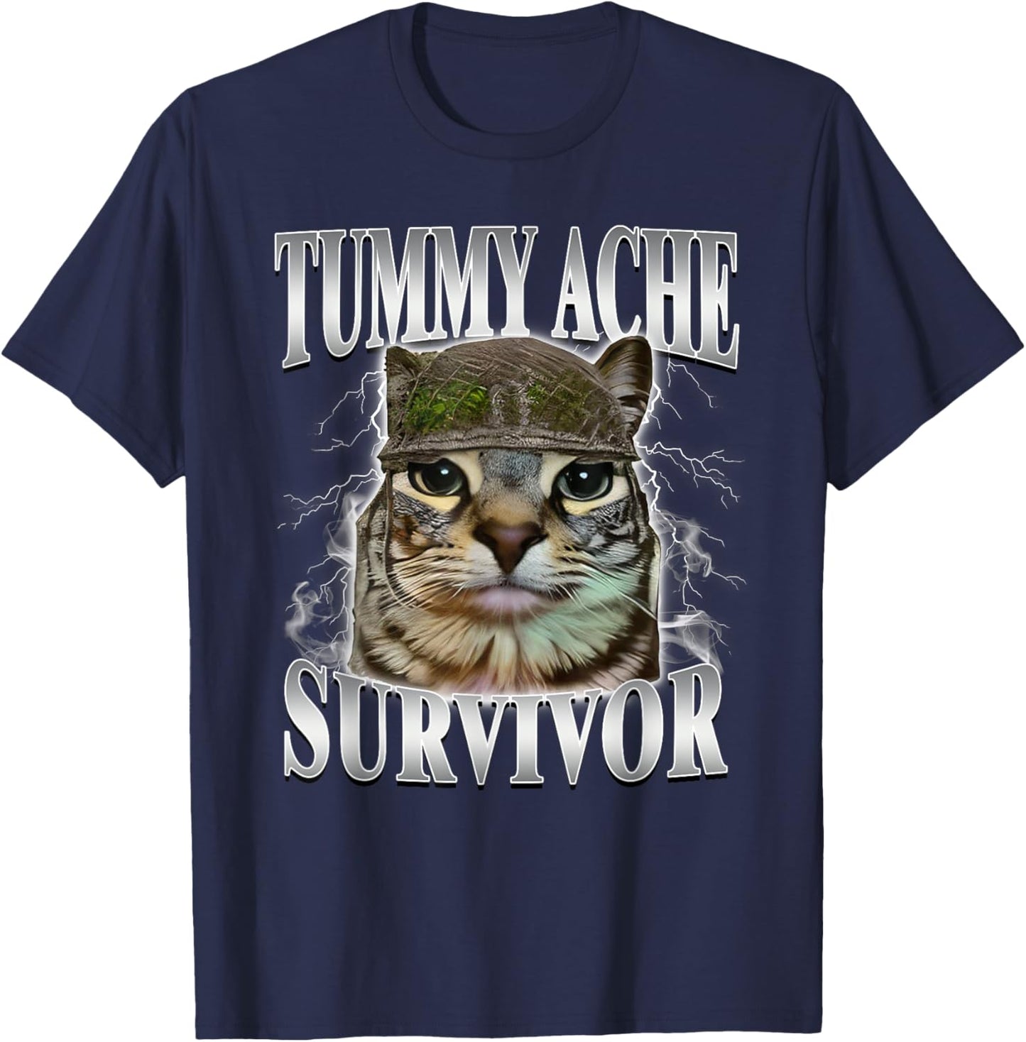 Tummy Ache Survivor Funny Cat Meme T-Shirt - T-Shirt | Navy