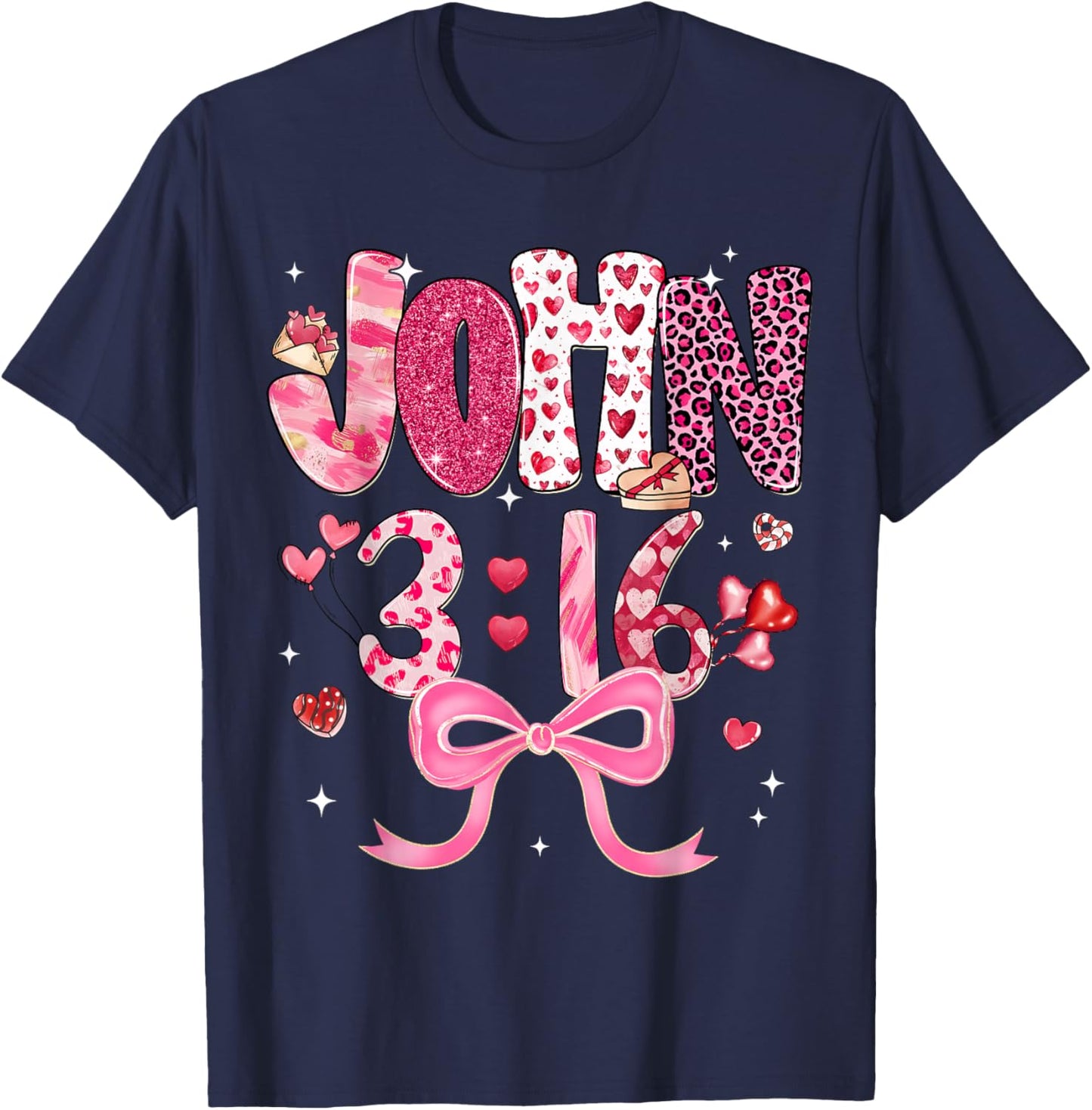 Valentine John 3:16 Coquette Bow Christian Girl Women Kid T-Shirt - T-Shirt | Navy
