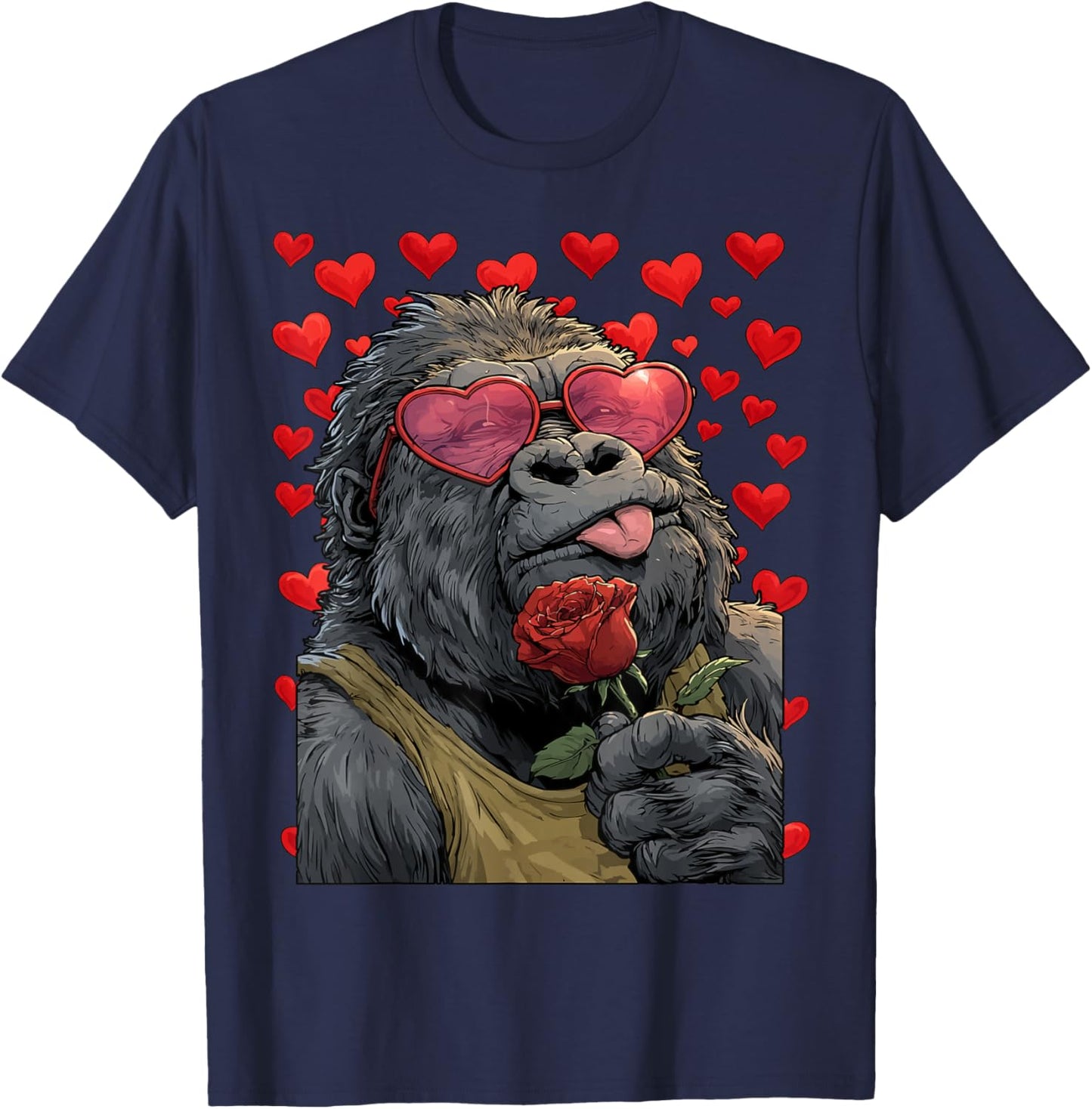 Cute Gorilla with Heart Glasses Rose Valentine's Day Animal T-Shirt - T-Shirt | Navy