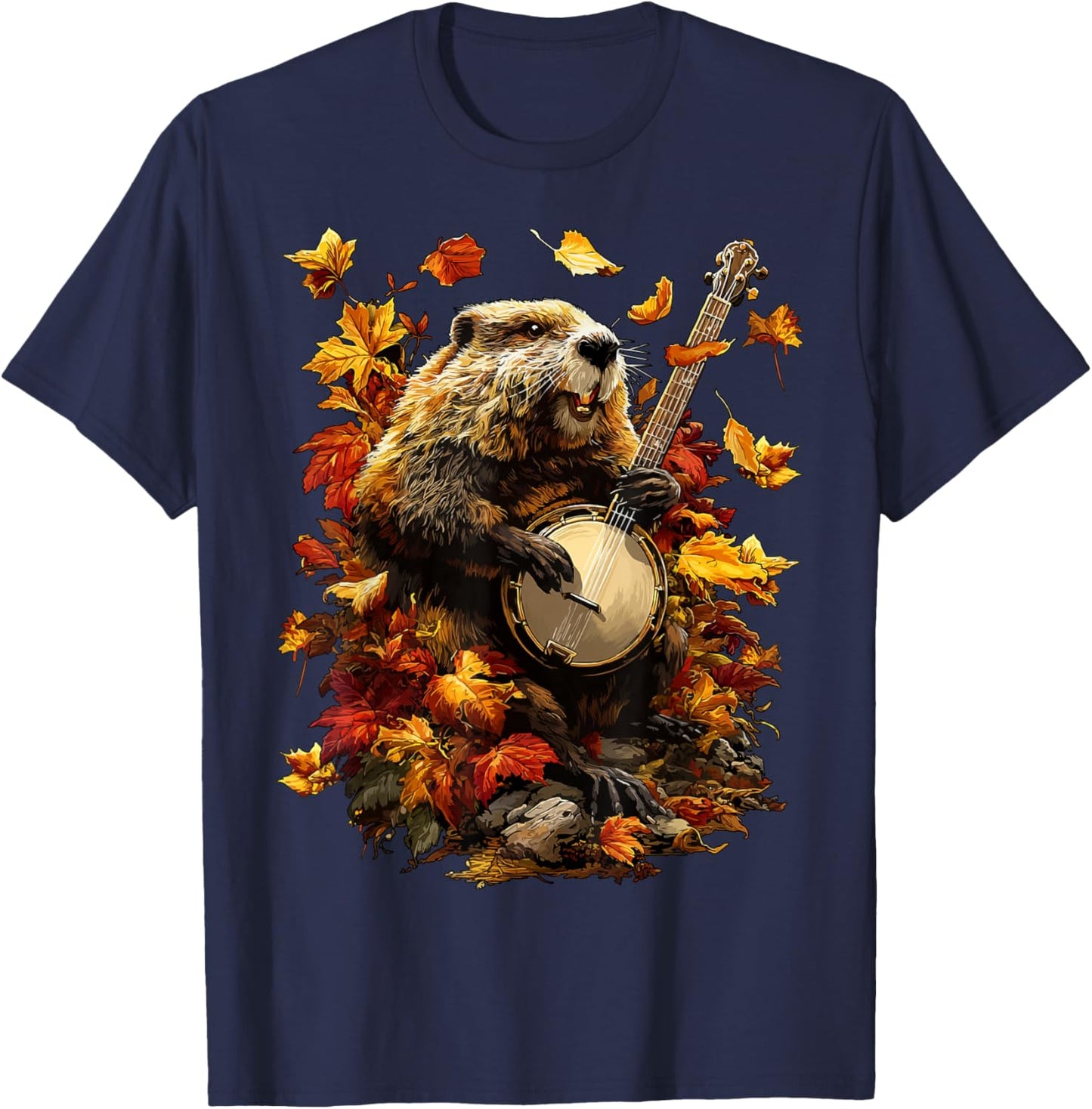 Banjoist Beaver Playing Banjo Picker Fall Leaves Autumn T-Shirt - T-Shirt | Navy
